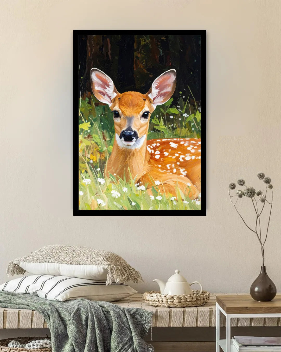A framed vertical art print of a fawn resting in a grassy field with white flowers, displayed on a beige wall above a styled bed in a bedroom setting.